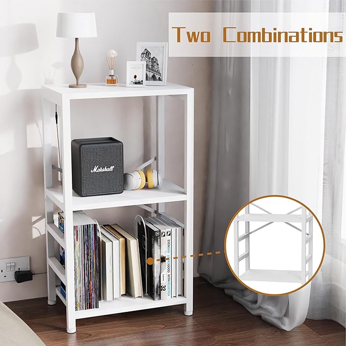 End Table with LED Light,Record Player Stand with Albums Storage,Vinyl Records Storage,Turntable Stand Side Table for Music Room Studio Living Room Bedroom-Rustic White