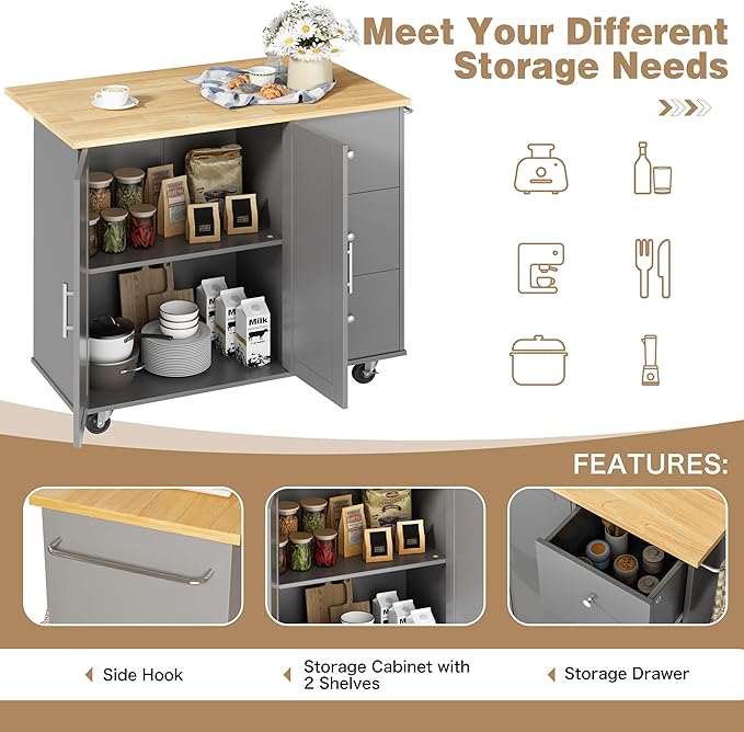 Shintenchi Kitchen Island with Folding Drop Leaf, Rolling Island Table with Storage, Kitchen Cabinet on Wheels with Seating Area for Kitchen, Bar Cart with Cabinet, Gray