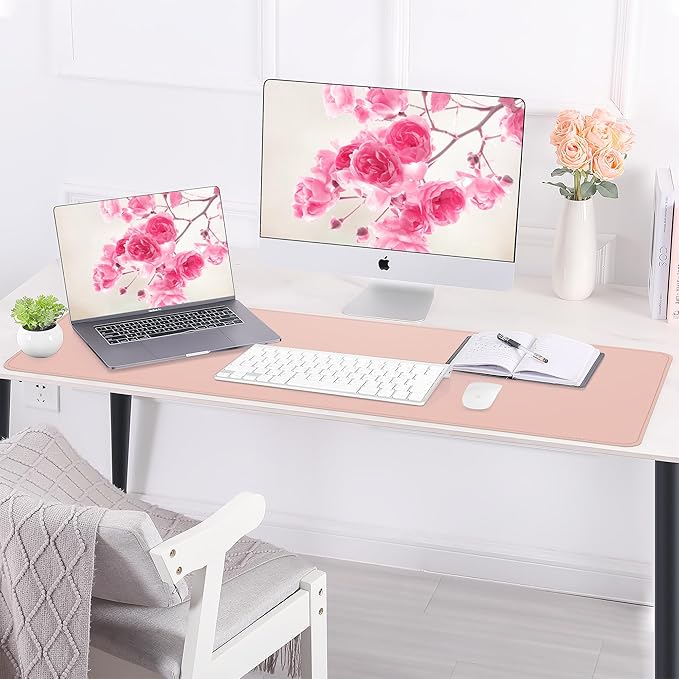 AFIING Leather Desk pad Protector, Large Non-Slip Office Desk Mat with Natural Cork & PU Leather, Waterproof Writing Mouse Pad for Office and Home (55in*17in,Pink)