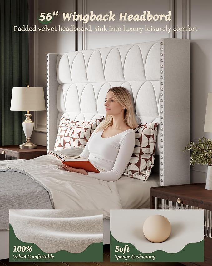 King Size Bed Frame with 56" Headboard - 1000LBS Capacity Support, Velvet Upholstered Wingback Platform Bed Frame, Noise Free, Sturdy Wooden Slat Support