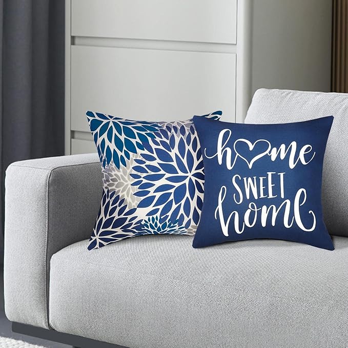 Decorative Throw Pillow Covers 20x20 Inch Pillow Covers Set of 4 Blue Pillow Cover Linen Square Pillow case,Farmhouse Throw Pillow Cover Outdoor Pillow Covers for Couch Sofa Living Room