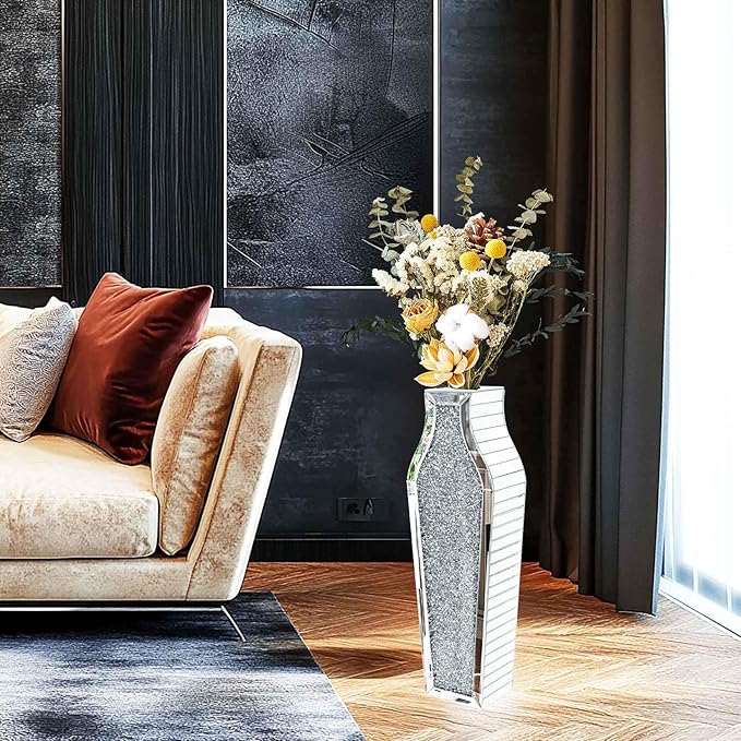 Flower Vase Crushed Diamond: Crystal Silver Mirror Vase Geometric Decorative Vases Large Bling Glass Mirrored Decor for Luxury Home Centerpieces, Won't Hold Water