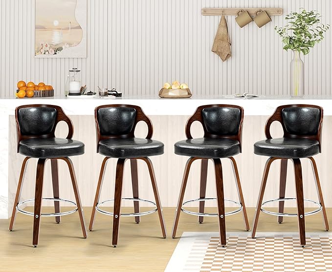 ECOTOUGE Swivel Bar Stools Set of 4, Walnut Faux Leather Counter Height Barstools with Bentwood Back and Footrest, for Dining Room, Kitchen Island and Pub, Black