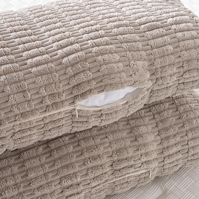 Fancy Homi 2 Packs Taupe Long Lumbar Decorative Throw Pillow Covers 14x36 Inch for Bed Couch Bed Sofa, Rustic Farmhouse Boho Room Decor, Soft Striped Corduroy Rectangle Cushion Case 35x91 cm