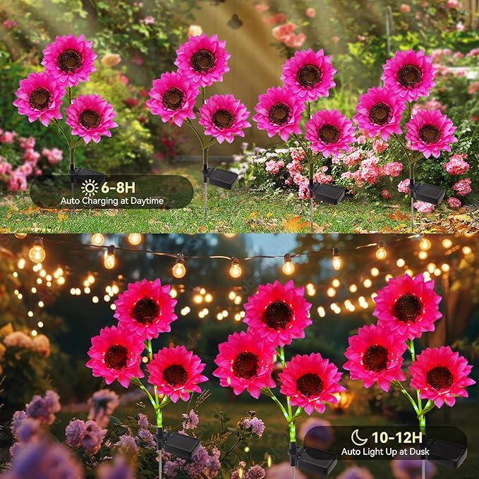 Solar Garden Flowers Lights Outdoor Waterproof Sunflower Solar Lights for Yard Decorations Garden Decor 3 Pack for Yard Patio Lawn Gift for Mom Women Mother's Day (Pink Sunflower)