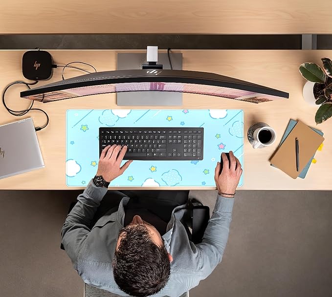 Kawaii Pastel Blue Star Grid Desk Pad, Large Gaming Mousepad & Keyboard Mat, XXL Office Desk Decor for Women, 31.5"x15.75"