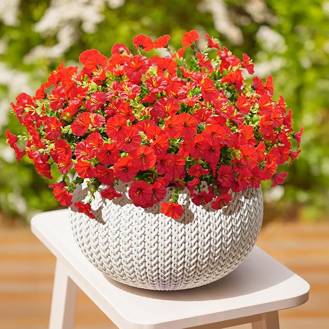 Artificial Flowers Fake Plants for Outdoors Decoration, 12 Bundles Red Silk Morning Glory with Eucalyptus Realistic UV Resistant Faux Flowers Greenery for Outside Planter Yard Garden Home Indoor Patio