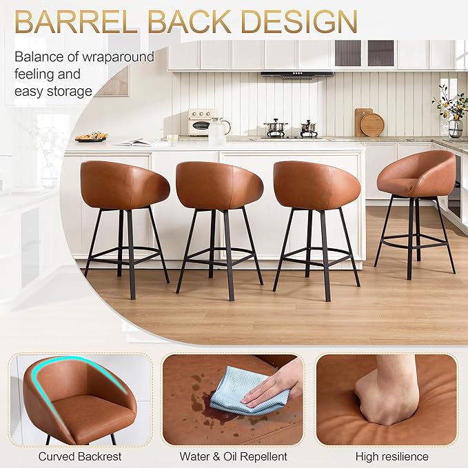 Zesthouse Swivel Counter Height Stools Set of 4, Modern Barrel Bar Stools for Kitchen Island, 26" Upholstered Kitchen Counter Height Barstools with Barrel Arms & Back, Brown Faux Leather Bar Chairs