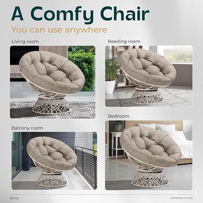 Bme 40" Ergonomic Wicker Papasan Chair with Soft Thick Cushion & Frame, 360° Swivel, Circle, Reading, Comfy Chair for Living Room, Bedroom