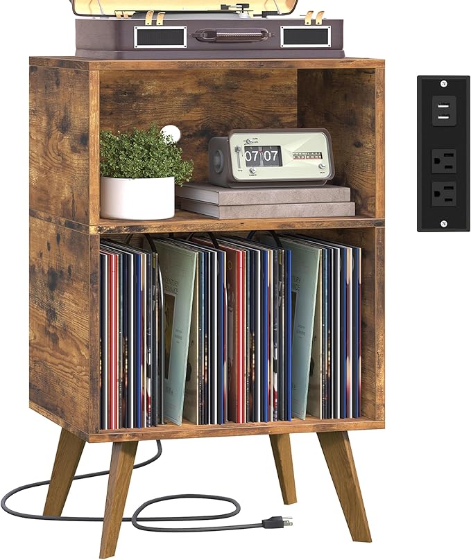 Record Player Stand, 3-Tier Side End Table with Charging Station, Turntable Stand Up to 160 Albums, Vinyl Storage Cabinet Dispaly Shelf for Living Room, Brown