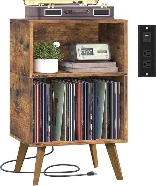 Record Player Stand, 3-Tier Side End Table with Charging Station, Turntable Stand Up to 160 Albums, Vinyl Storage Cabinet Dispaly Shelf for Living Room, Brown