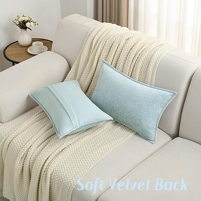 FUTEI Light Blue Chenille Throw Pillow Covers 12x20 Inch Set of 2,Soft Cozy Bound Edge Design Lumbar Pillow Cases,Home Decor for Couch Bed Living Room