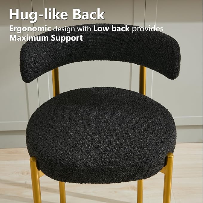 24'' Boucle Bar Stools Set of 2, Black Bar Stools with Backs, Counter Height Bar Height Stools for Kitchen Island, Upholstered Bar Chairs with Gold Legs