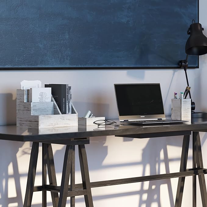 HBCY Creations Rustic Wooden Desk Organizer Set, 3-Piece Whitewashed Mail Organizer for Desktop - Great for Rustic or Industrial Home Decor