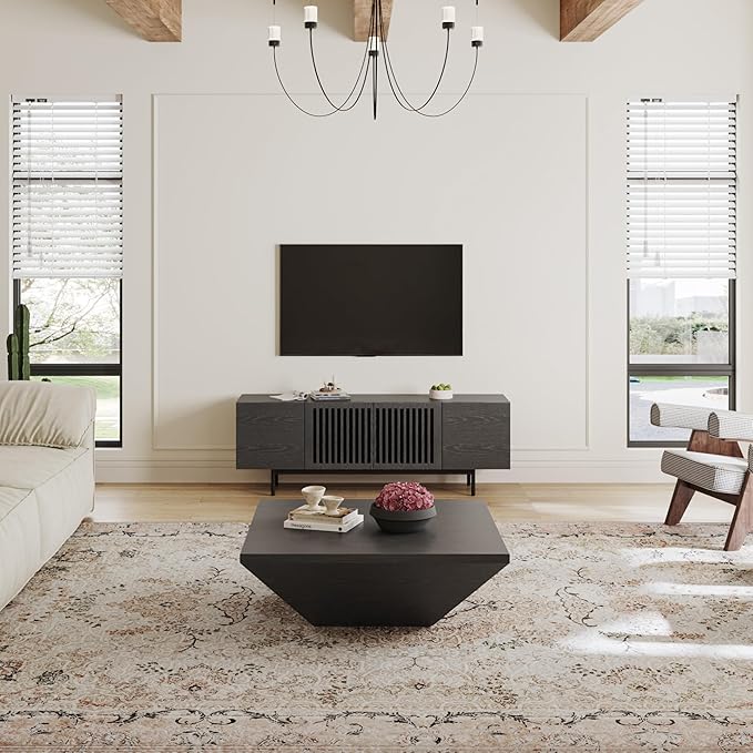 POVISON Full Assembled Mid-Century Modern TV Stand with Slatted Doors, Wood Media Console for 65 Inch TV, TV Console with Tall-cast Metal Legs, Entertainment Center with Storage for Living Room