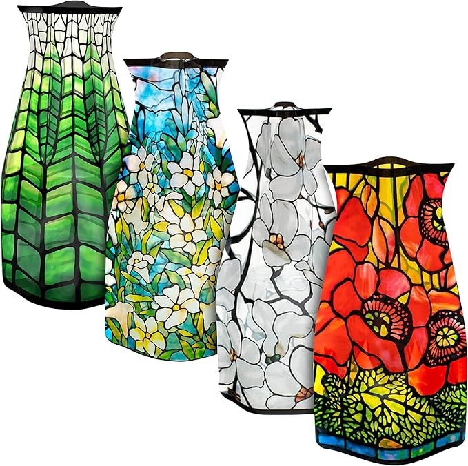 MODGY Expandable Flower Vase Set, Plastic Decorative Modern Foldable Printed Vases for Centerpieces for Wedding, Dining Table, Home Decor, Living Room, Bathroom, Office, Louis C. Tiffany, 4 Pack