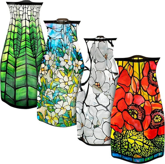 MODGY Expandable Flower Vase Set, Plastic Decorative Modern Foldable Printed Vases for Centerpieces for Wedding, Dining Table, Home Decor, Living Room, Bathroom, Office, Louis C. Tiffany, 4 Pack
