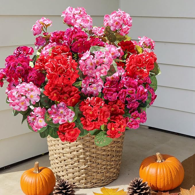 Artificial Geraniums Fake Flowers for Outdoors Decoration, 6 Bundles Silk Geraniums Flower UV Resistant Look Real Faux Plants for Front Door Garden Porch Planter Patio Balcony Yard Indoor Home, Mix