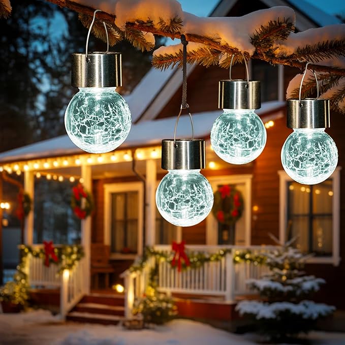 GIGALUMI 8 Pack Solar Hanging Lights, Multi-Color Changing Cracked Glass Hanging Ball Outdoor Lights with Waterproof Solar Lanterns for Garden, Yard, Patio, Lawn