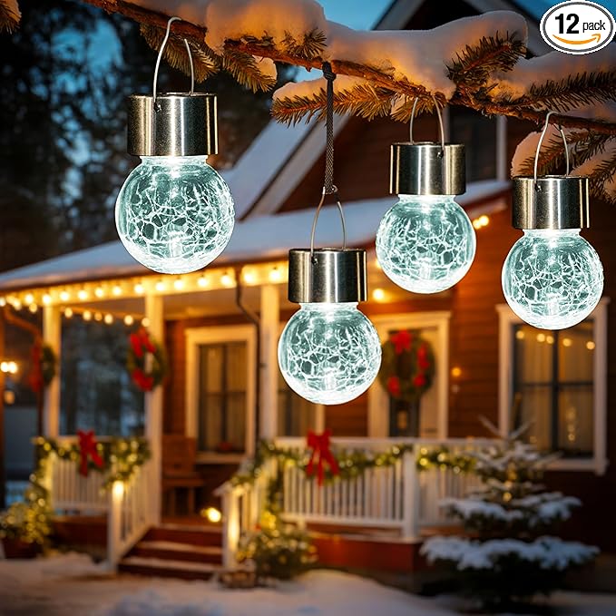 GIGALUMI 12 Pack Solar Outdoor Lights, Solar Hanging Lights for Christmas Decoration-Cracked Glass Solar Lights Outdoor Waterproof for Garden, Yard, Fence, Tree(Cold White)