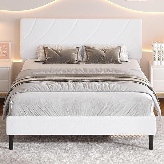 HOMBCK Queen Bed Frame with Adjustable Headboard, Bed Frame Queen Size with Linen Fabric Upholstered, Strong Wooden Slats, No Box Spring Needed, Noise Free, Easy Assembly, White