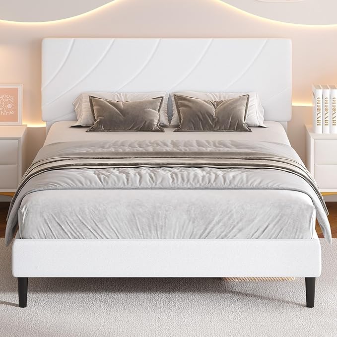 HOMBCK Full Size Bed Frame with Adjustable Headboard, Full Bed Frame with Linen Fabric Upholstered, Strong Wooden Slats, No Box Spring Needed, Noise Free, Easy Assembly, White