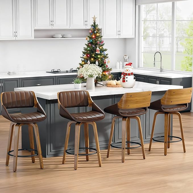Bar Stools Set of 4, 26" Swivel Counter Height Barstools with Walnut Bentwood Back and Legs, Mid-Century Modern Faux Leather Upholstered Bar Chairs with footrest for Bar, Kitchen Island, café, Brown