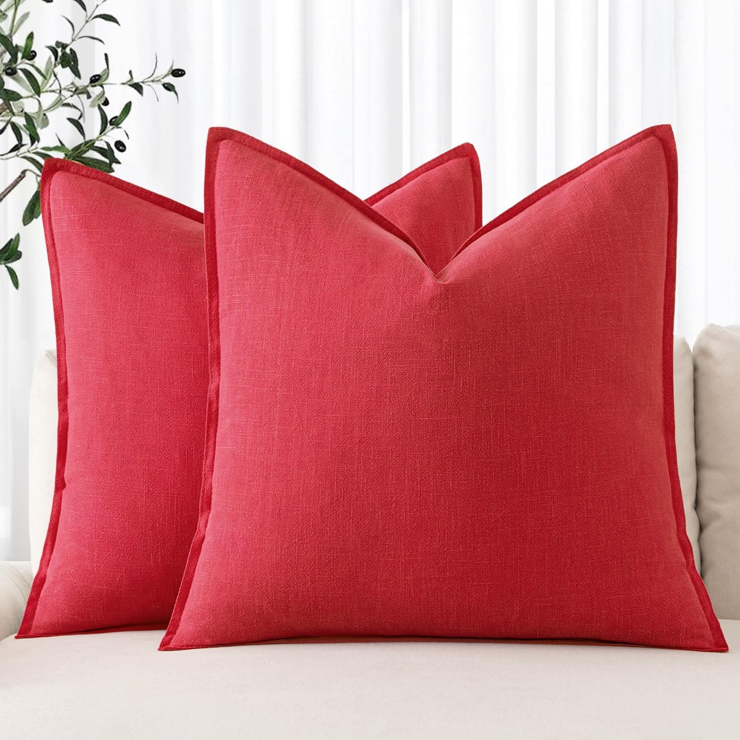 MIULEE Christmas Decorative Linen Pillow Covers 16x16 Inch Red Boho Farmhouse Neutral Couch Throw Pillows for Bed Pack of 2 Accent Modern Pillowcase Sofa Livingroom Home Decor