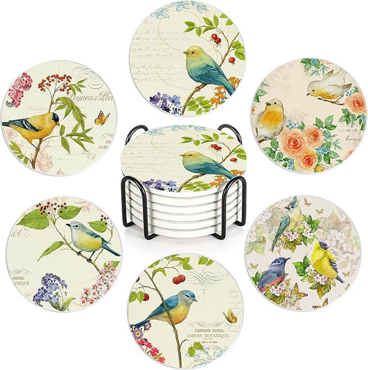Coaster for Drinks Set of 6, Vintage Watercolor Bird Flower Absorbing Round Ceramic Stone Coaster with Cork Base,Tabletop Protection Mat for Mugs and Cups,Coffee Table Wine Glass Home Bar 4 Inch