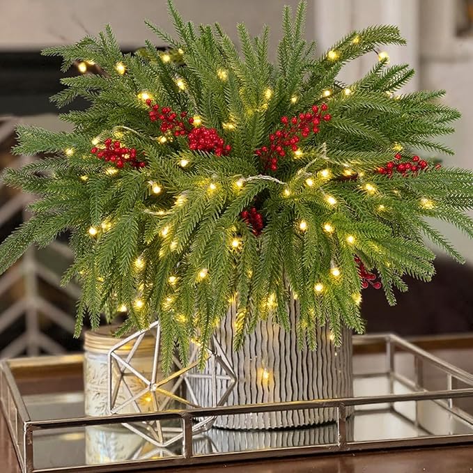 12pcs Christmas Norfolk Pine Stems with Berry Set, 18 Inches Artificial Norfolk Branch 6pack, Faux Berry Stem 6pack,Fake stem Greenery Pine Picks for Indoor Home Vase DIY Outdoor Wreath Decoration