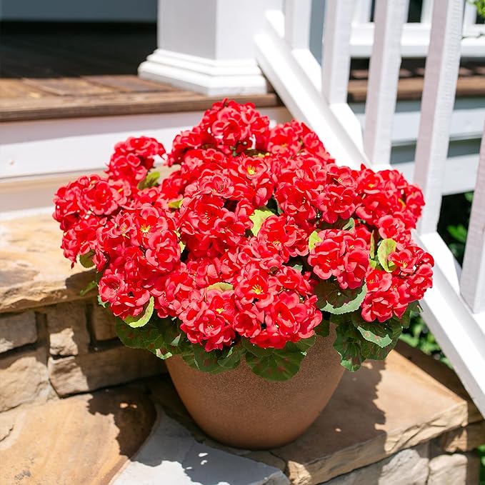 Artificial Geraniums Fake Flowers for Outdoors Decoration, 6 Bundles Silk Geraniums Red Flower UV Resistant Look Real Faux Plants for Front Door Garden Porch Planter Patio Balcony Yard Indoor Home