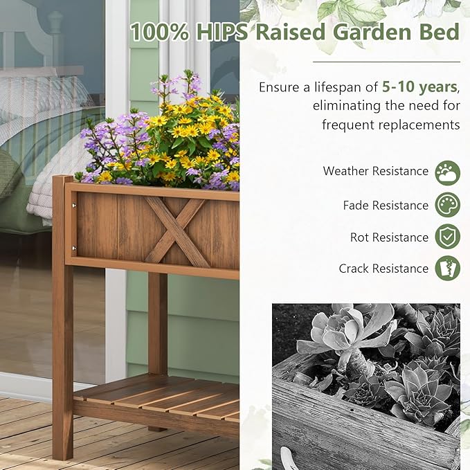 Giantex HIPS Raised Garden Bed, Elevated Planter Box w/Legs, Storage Shelf, Drainage Holes, Weather-Proof Standing Raised Beds for Backyard Porch Flower Herb (Coffee, 44" x 18" x 29")