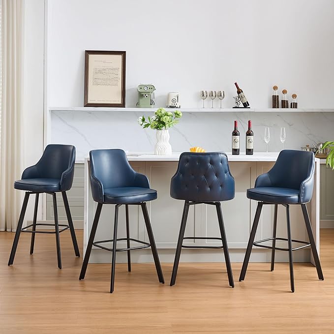 Bar Stools Set of 4, 30" Swivel Bar Height Bar stools with High Back, Faux Leather Kitchen Barstools Bar Height for Kitchen Island (Navy Blue, 4PCS 30" Bar Stools)