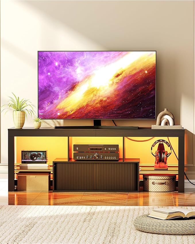 TV Stand with Power Outlet, Modern TV Cabinet for 55 60 inch TVs, Media TV Console with LED Light Strip, Media Entertainment Center with Storage, for Living Room, Bedroom, Black MDS02UDBB