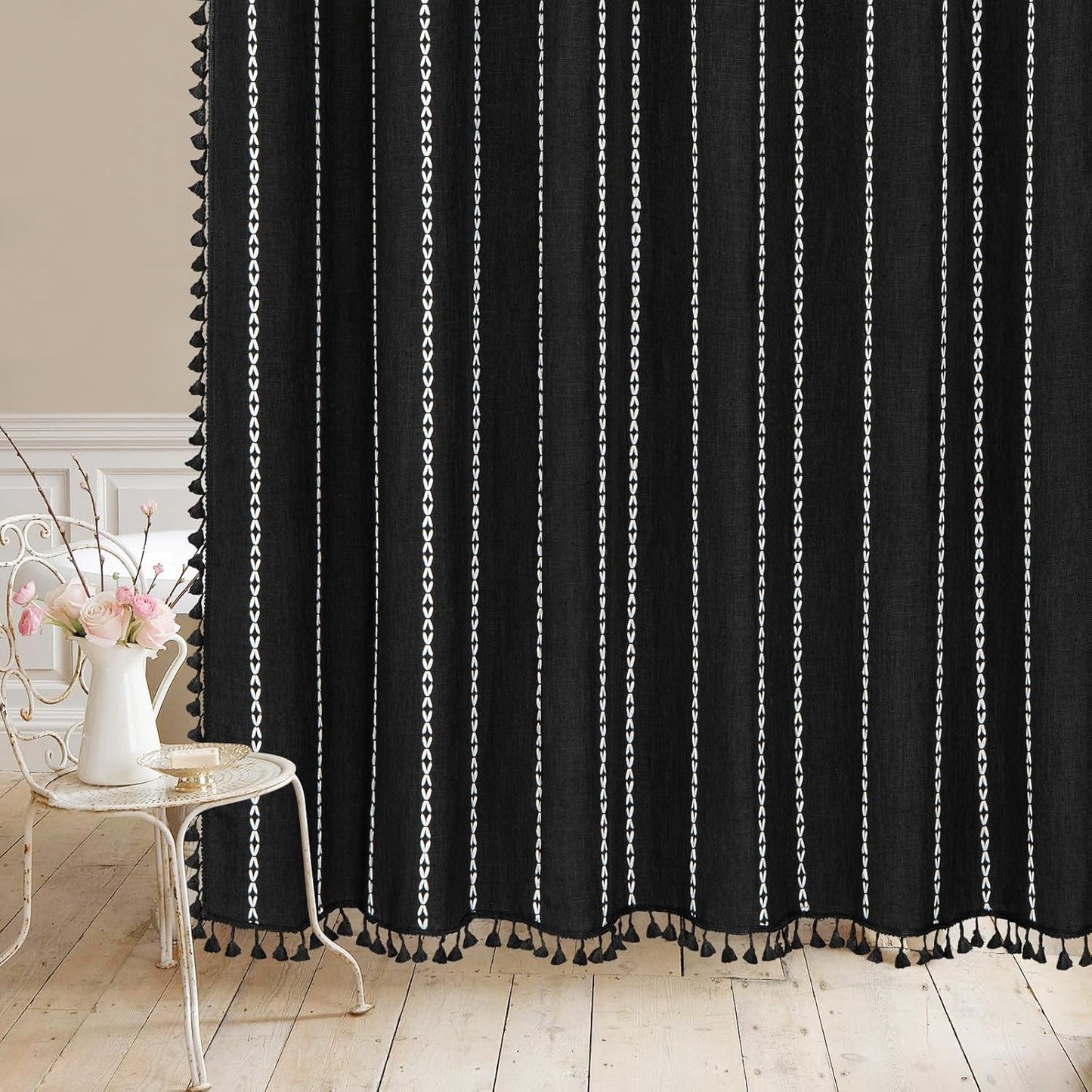 MitoVilla Black Boho Fabric Shower Curtain, Modern Farmhouse Polyester Linen Shower Curtains for Vintage Rustic Bathroom Decor, Country Tassel Thick Cloth Shower Curtain, 72 x 72