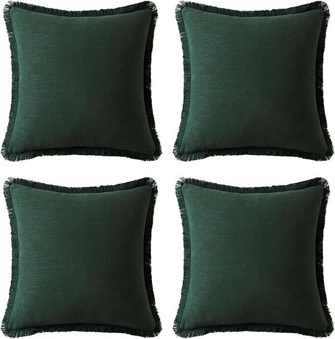 MIULEE Linen Pillow Covers 18x18 Inch Dark Green Decorative Throw Pillows with Fringe Pack of 4 Soft Farmhouse Boho Couch Pillows Home Decors for Sofa Cushion Living Room Bed