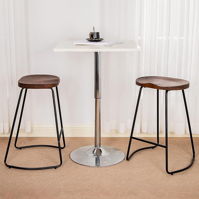 HeuGah Bar Stools, Solid Wood Barstools Set of 2, 26" Counter Height Bar Stools with Metal Leg, Rustic Backless Bar Stool for Kitchen Island, Bar Chairs with Solid Wood Saddle Seat (Walnut, 26 Inch)