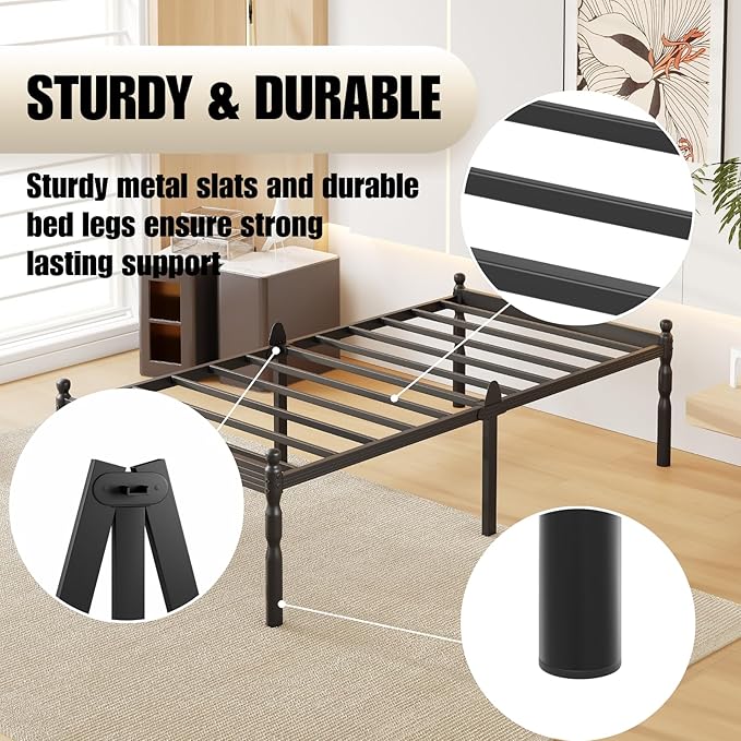 18 Inch Twin Metal Bed Frame with Mattress Slide Stopper, Twin Size Platform Bed Frames No Box Spring Needed, Heavy Duty Bedframe, Easy Assembly, Noise Free