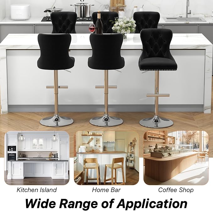 Bar Stools Set of 2, Velvet Swivel Counter Height Stools with Tufted Back, Adjustable Seat with Nailheads Trim, Upholstered Bar Chairs with Steel Base for Kitchen Island, Pub, Black