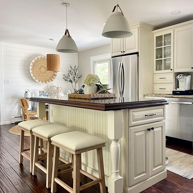 PHI VILLA Bar Stools Set of 3 - Solid Wood Legs Counter Height Barstools with Upholstered Saddle Seat, 24 inch Kitchen Counter Island Stools