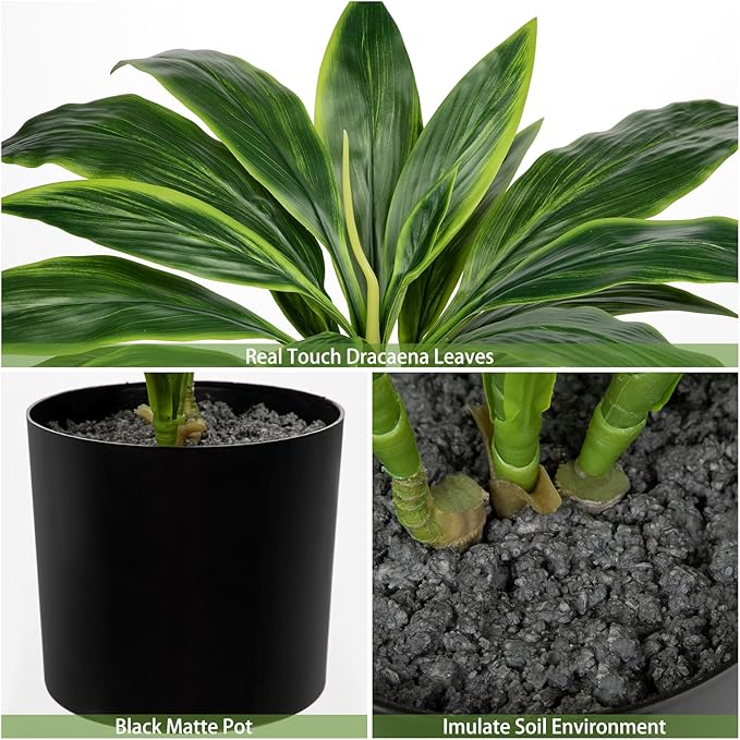 Oairse Artificial Plants Indoor with Pot, 18.1" Fake Potted Plants Medium Artificial Dracaena Plant in Black Pot Faux Tropical Plants for Bathroom Living Room Office Desk Shelf Decor