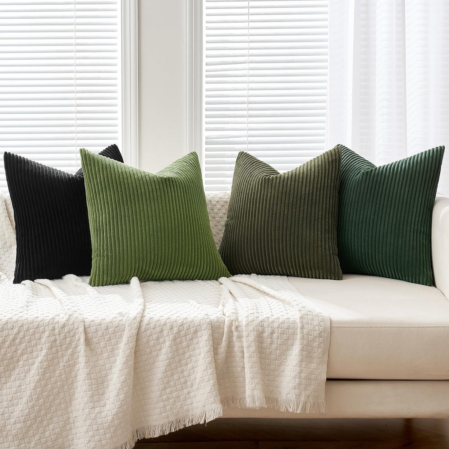 MIULEE Boho Farmhouse Throw Pillow Covers 18x18 Inch Set of 4 Mordern Neutral Green Cushion Covers Soft Corduroy Nordic Home Decor for Spring Couch Bed Sofa Living Room Green-Black