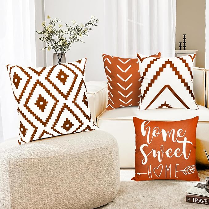 Decorative Throw Pillow Covers Set of 4 Orange Pillow Covers 20x20 inch Throw Pillow Cases Linen Square Pillow Case,Farmhouse Outdoor Modern Geometric Pillow Covers for Couch Sofa Living Room