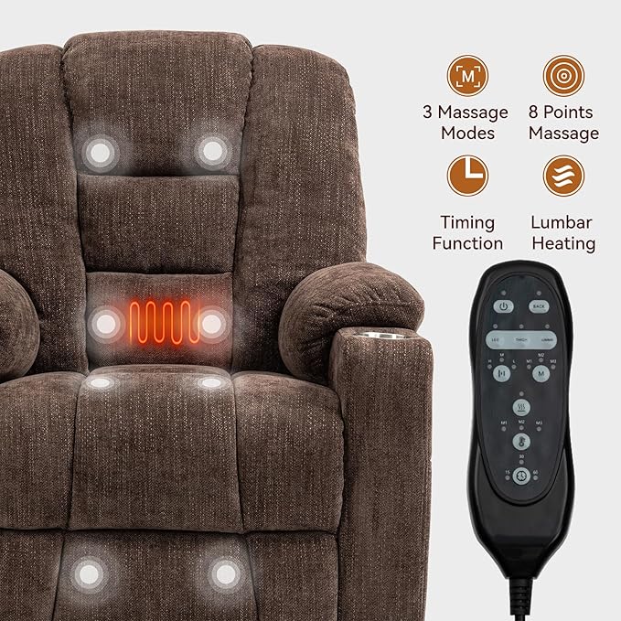 Large Power Lift Recliner Chair for Eldery, Overstuffed Wide Recliners with Massage and Heat, Electric Living Room Chairs with USB Charge Port, 2 Cup Holders, Brown