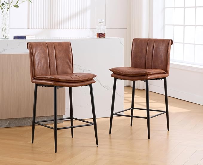 EALSON Leather Counter Height Bar Stools Set of 2 Modern 26 Inch Barstools with Back Upholstered Breakfast Counter Stools with Metal Legs Comfortable Bar Chairs for Kitchen Island, Brown