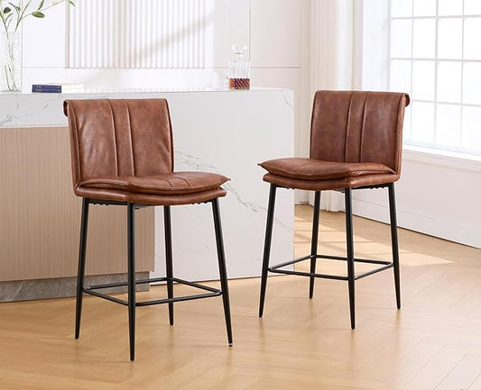 EALSON Leather Counter Height Bar Stools Set of 2 Modern 26 Inch Barstools with Back Upholstered Breakfast Counter Stools with Metal Legs Comfortable Bar Chairs for Kitchen Island, Brown