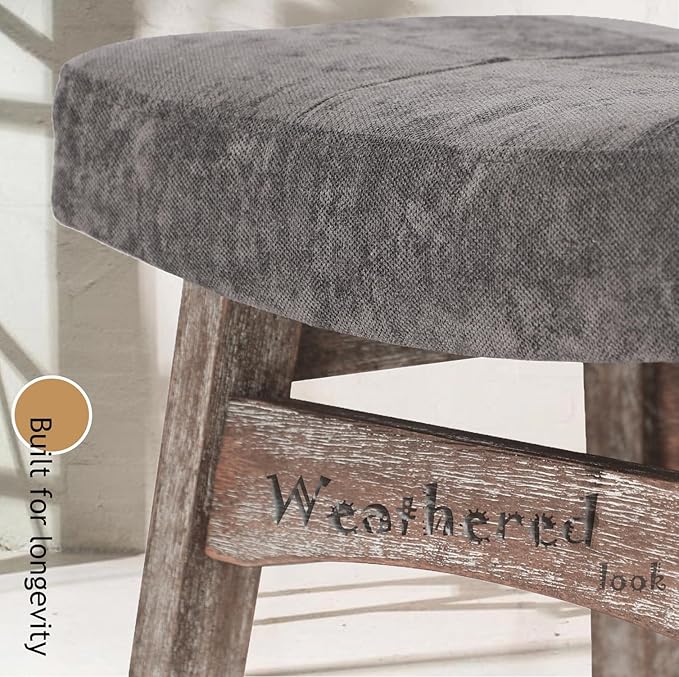 PHI VILLA Farmhouse Bar Stools Set of 3 - Wood Bartools with Upholstered Saddle Seat, 24 inch stools for Kitchen Counter Set of 3