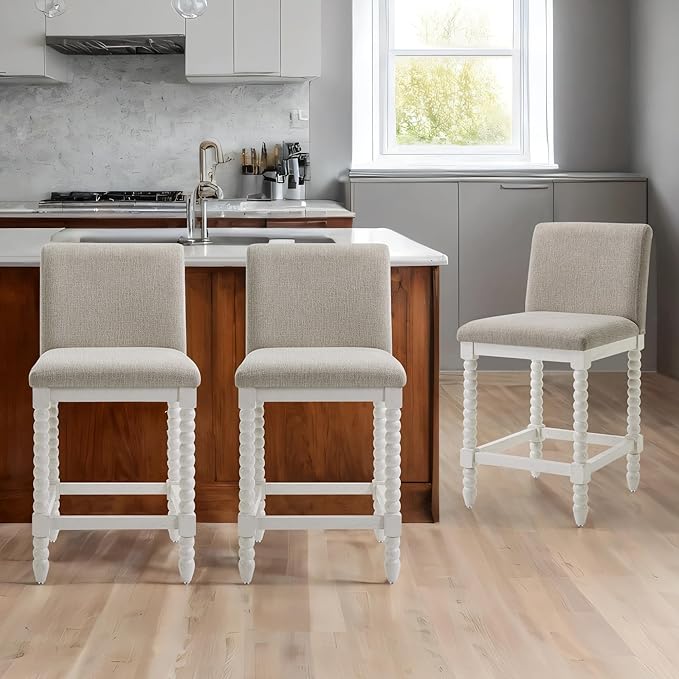 DUHOME Spindle Counter Stools Set of 3 with Padded Spring Seat,Wooden Bar Stools Farmhouse 26 Inch Counter Height Stools Chairs with Spindle Back for Kitchen Island