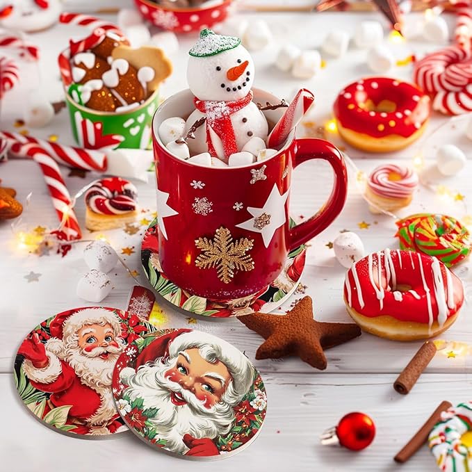 Christmas Absorbent Coasters with Holder Set of 6, Ceramic Stone with Cork Base, Cute Santa Claus Coaster for Drinks, Gift for Housewarming Room Bar Home Decor Kitchen