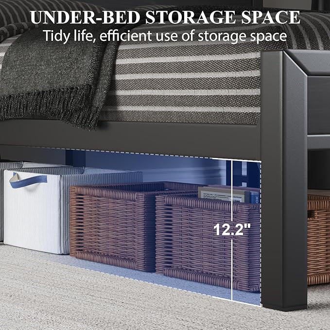 Queen Size Bed Frame with Storage Headboard, Industrial Platform Bed with Charging Station and LED Lights, Heavy Duty Metal Slats, No Box Spring Need, Noise Free, Black